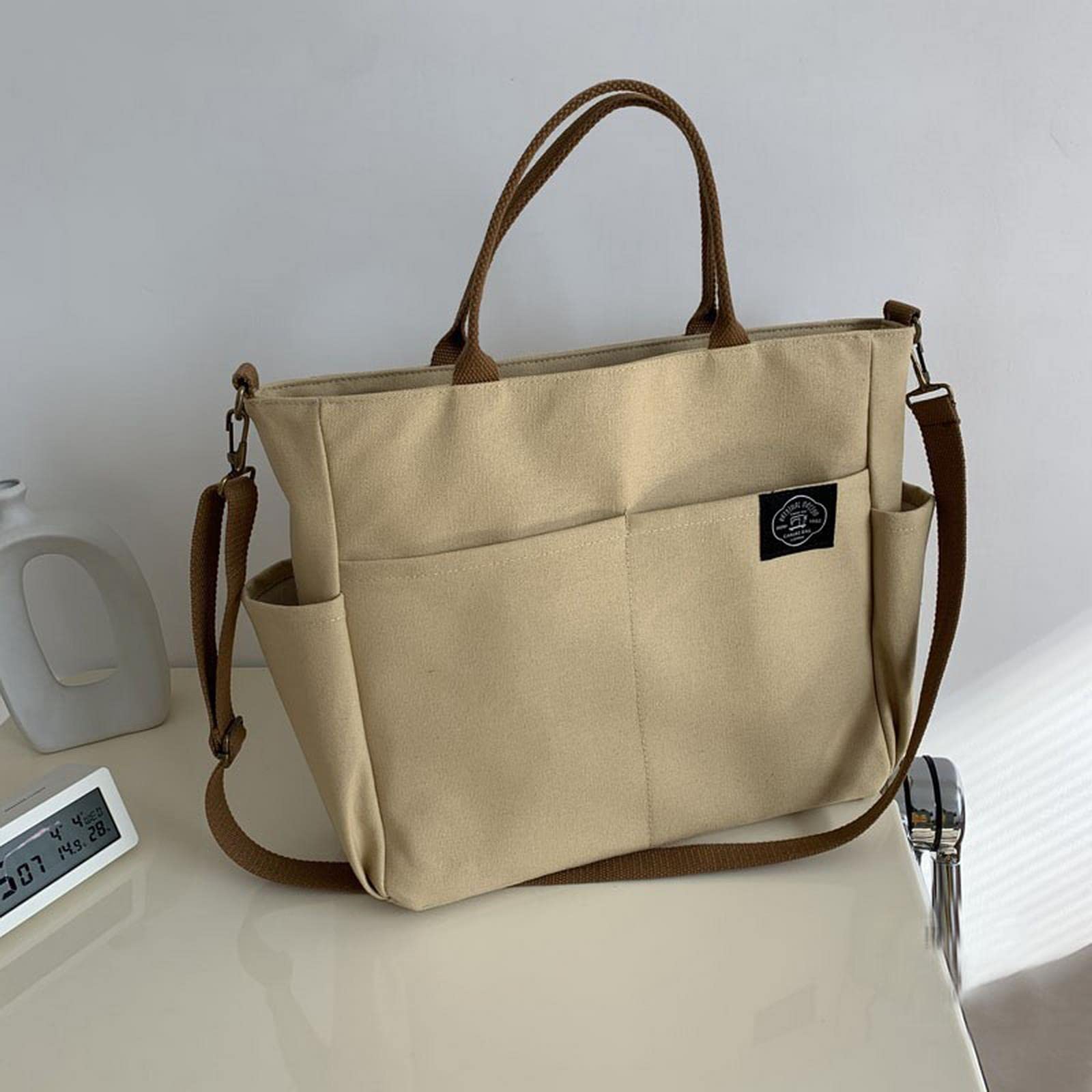 MOGSA Bolso de hombro para mujer, estilo retro, de gran tamaño, de lona, de algodón, cruzado, con cremallera, casual, con múltiples bolsillos