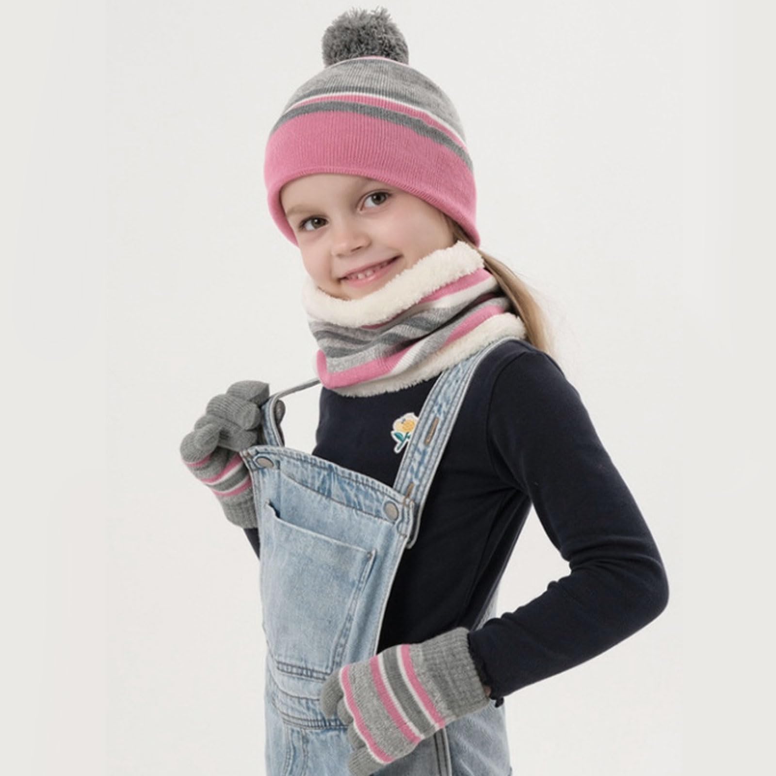 Dziecięca czapka zimowa w paski, dzianinowa czapka beanie, komin, szalik, rękawiczki, zestaw z grubą podszewką z polaru, bawełna, dzianina termiczna, pompon, czapka ocieplacz na szyję, dla