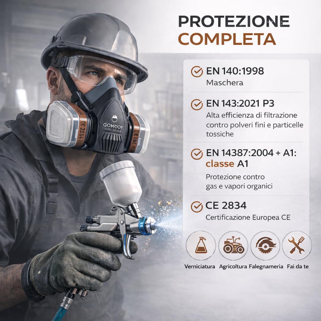 Goomoy Maschera Antigas Semimaschera Riutilizzabile con Doppio Filtro ai Carboni Attivi 8 Filtri di Ricambio Inclusi Protezione Gas Vapori Polveri Certificazione CE EN 140 Verniciatura Saldatura