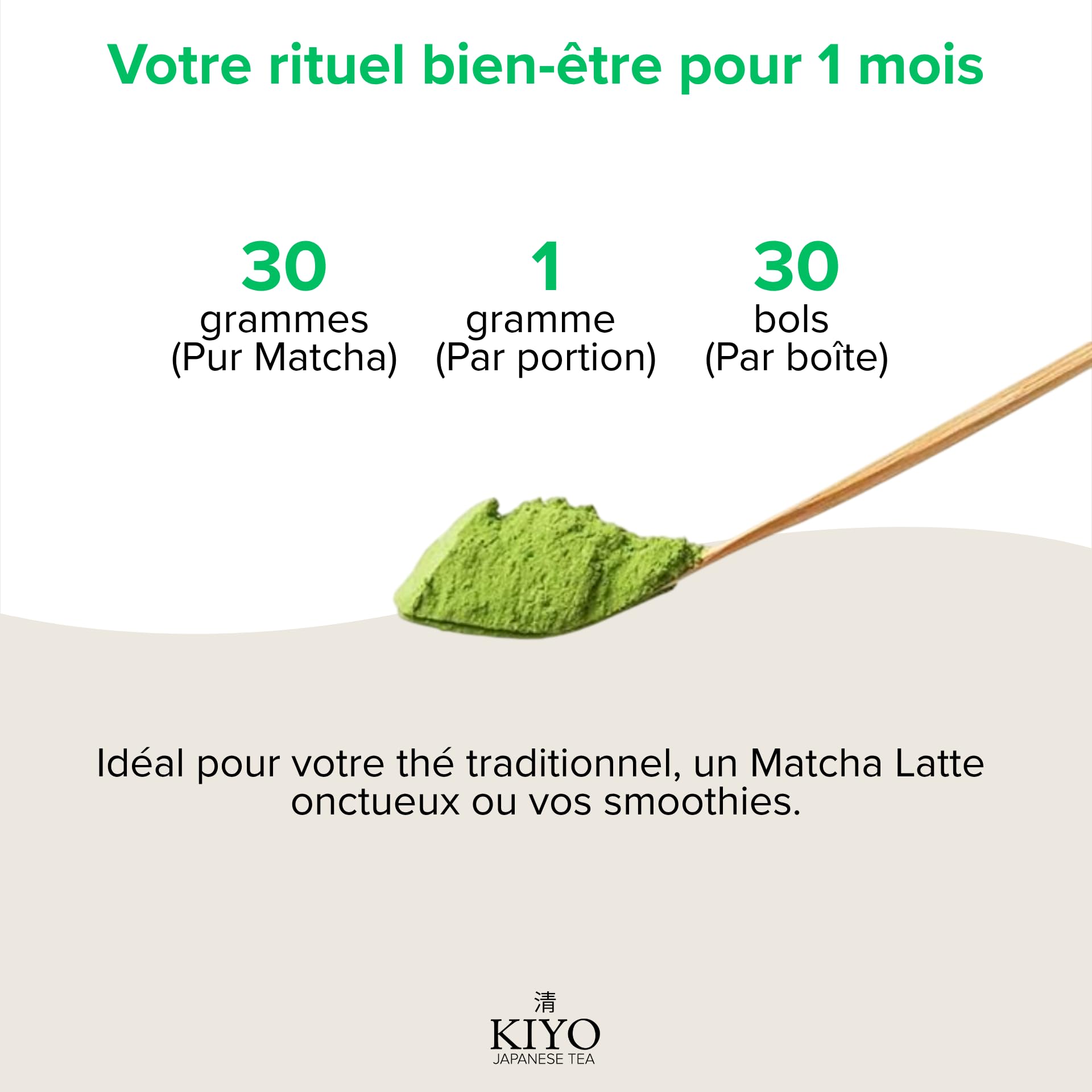 KIYO Matcha Cérémonie | Goût Doux Sans Amertume | 100% Naturel & Pur | Grade Cérémonial de Kagoshima, Japon | Récolté à la Main | 30g