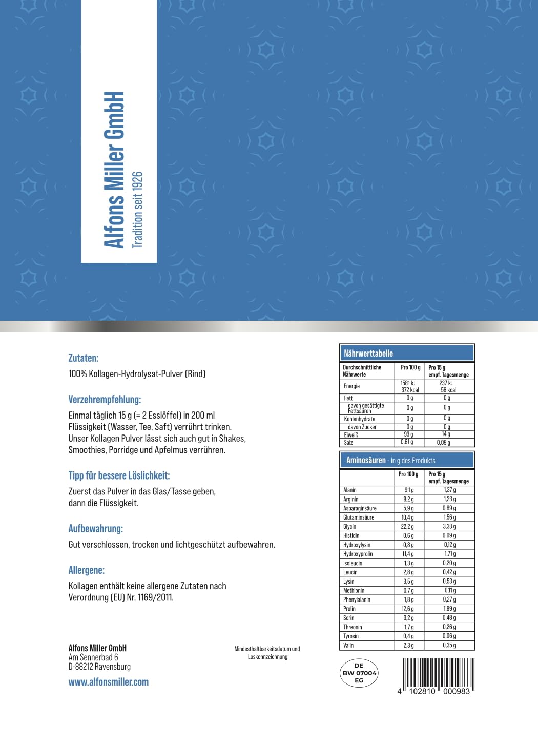 100% reines Kollagen Pulver 1000 g – Kollagen Peptide – Collagen Protein – Millers Alpha-Gel – Ohne Zusatzstoffe – Geschmacksneutral – Collagen Pulver – Alfons Miller – Deutsches Familienunternehmen