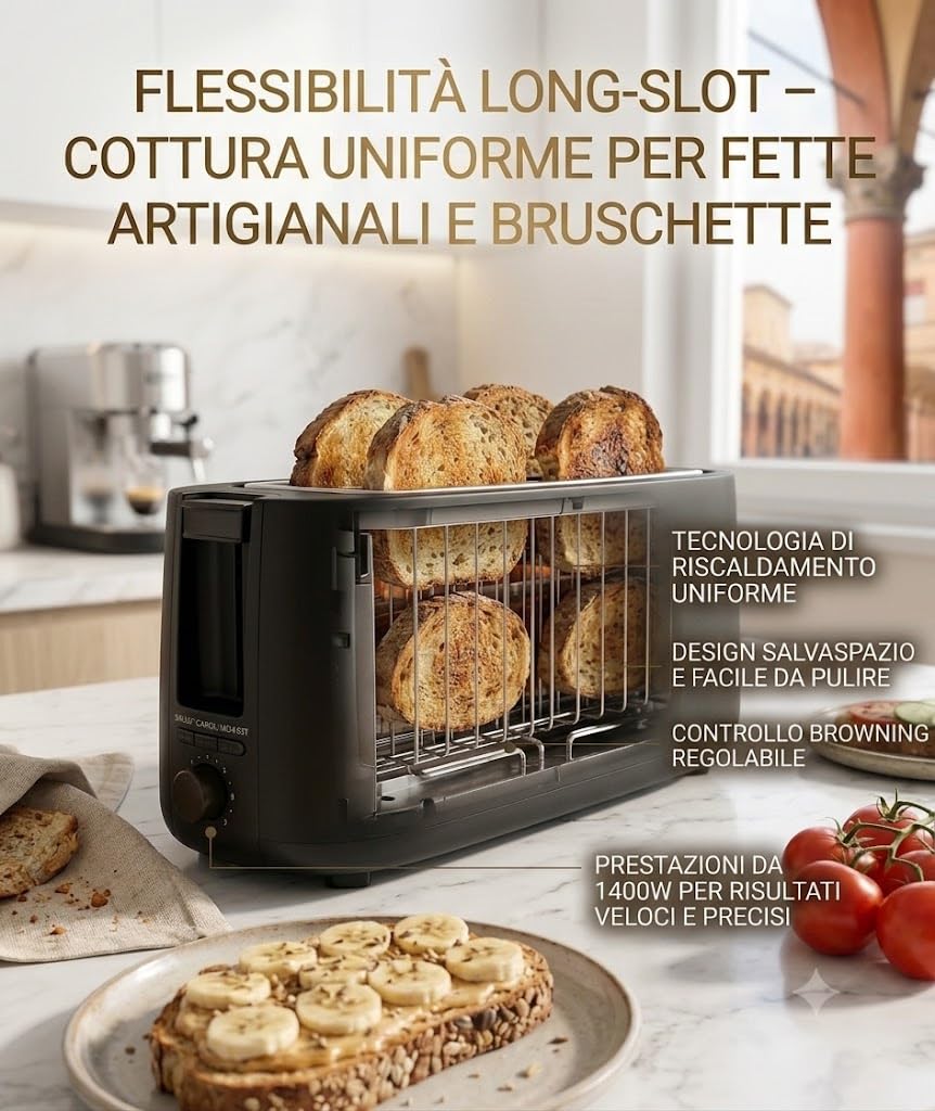Tostapane Doppia Fessura Lunga 1400W Nero Opaco – 2 Slot Extra Lunghi con Funzione Scongelamento, Riscaldamento e Controllo Doratura – Vassoio Raccoglibriciole Estraibile