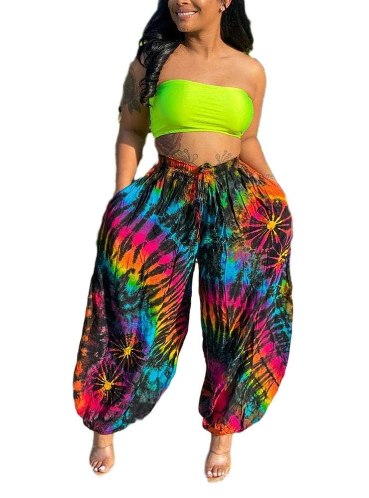 Vakkest Women's Tie Dye Drop Bottom Pants Elastic Waist Loose Fit Baggy Hippie Boho Yoga Harem Lounge Pants