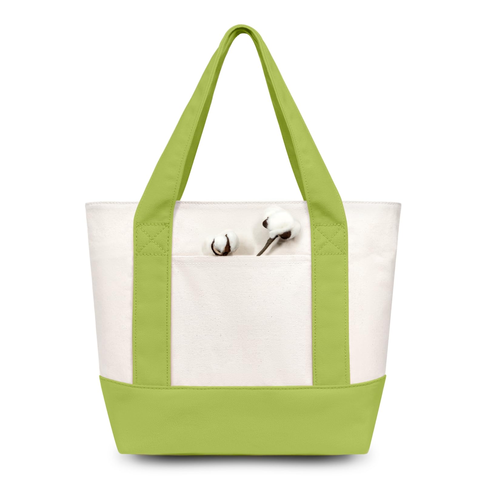 TOPDesign 12-Pack Small Canvas Tote Bags with an External Pocket, Reusable Bags, Top Zipper Closure, Daily Essentials (Light Green/Natural)