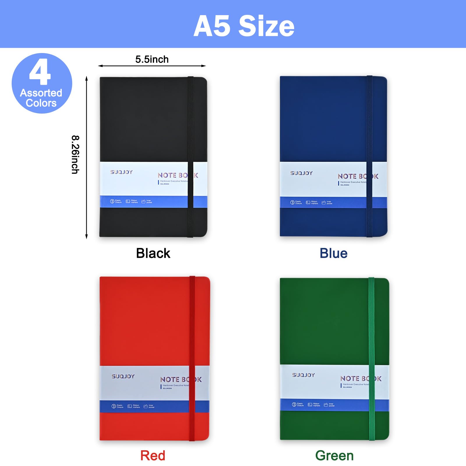 SUQJOY Lot de 4 carnets lignés de 160 pages, 14 x 21 cm pour homme et femme, couverture rigide avec papier épais de 100 g/m², format A5 (couleurs assorties)