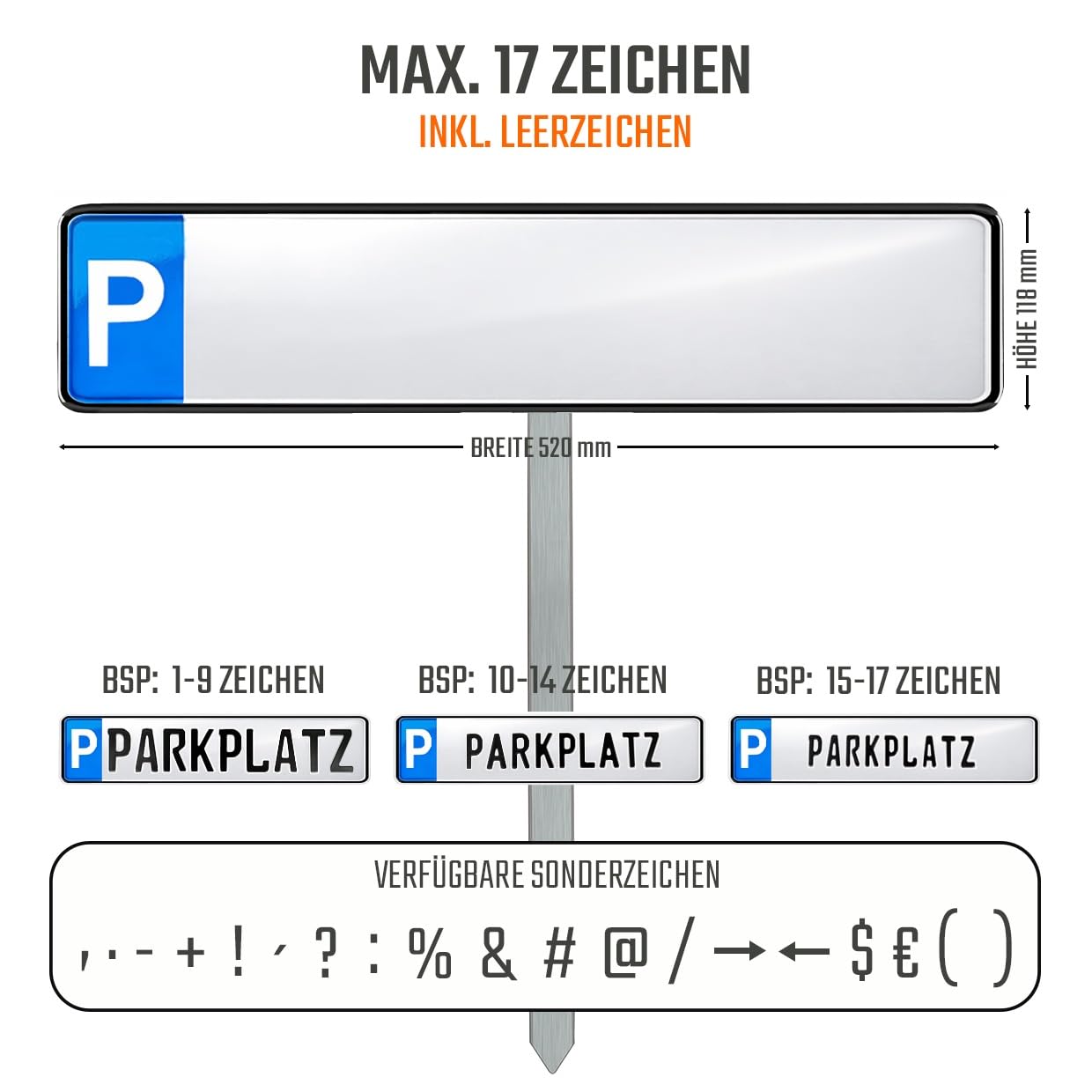 Parkplatzkennzeichen Wunschtext Parkplatzschild mit Halterung zum Einschieben Parkplatz-Kennzeichnung bis zu 17 Zeichen Kennzeichen P-Kennzeichen Schild Wunschprägung Einschlagpfosten Edelstahl