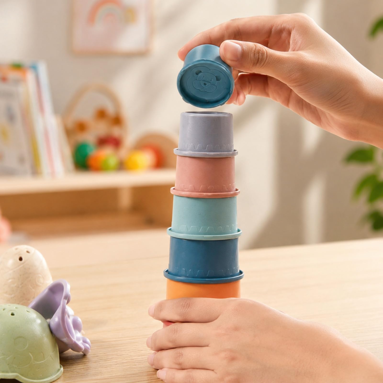 Silikon Stapelbecher Baby, Stapelturm Baby Spielzeug ab 6 Monate, BPA-frei, Montessori Spielzeug Baby Motorikspielzeug, Weich Beißring Stapelsteine Badespielzeug Geschenk für Jungen Mädchen 1 Jahr (A)