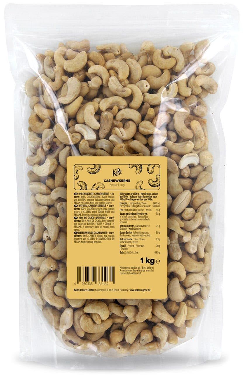 KoRo - Cashewkerne 1 kg - Ganze Cashew Nüsse - Naturbelassen - Proteinquelle - Ungesalzen