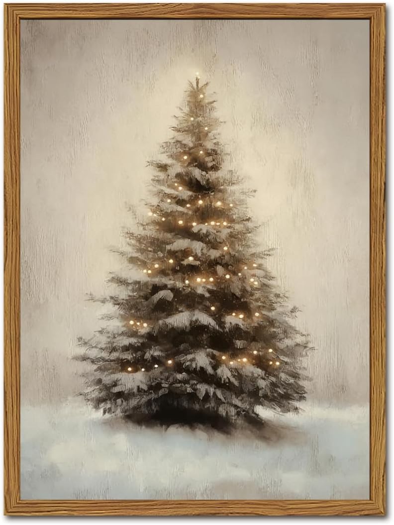 Vintage Christmas Tree Wall Art, Winter Holiday Botanical Wall Decor Paintings, Rustic Pine Tree Canvas Prints Artwork Picture for Farmhouse Mantel Bedroom Living Room  Wood Framed