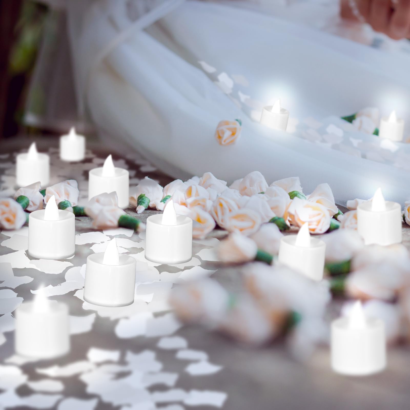 Coume 6000 petali di rosa artificiali con 72 candele a LED senza fiamma, decorazioni romantiche, candele finte per anniversario, decorazioni per la notte di nozze (bianco)