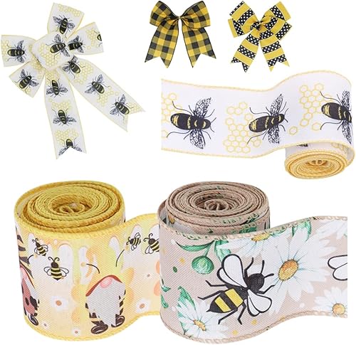 Miniatura 2 de 6 rollos de cinta de abeja de 30 yardas, cinta de borde con cable, cinta de miel para envoltura de manualidades de primavera y verano, rayas de 2.5