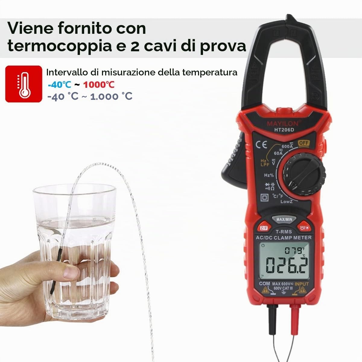HT206D Multimetro Digitale, Pinza Amperometrica True RMS con Misura Temperatura e LowZ, NCV, LPF, AC/DC Tensione e Corrente, Frequenza, Resistenza, Capacità, Diodi, Continuità