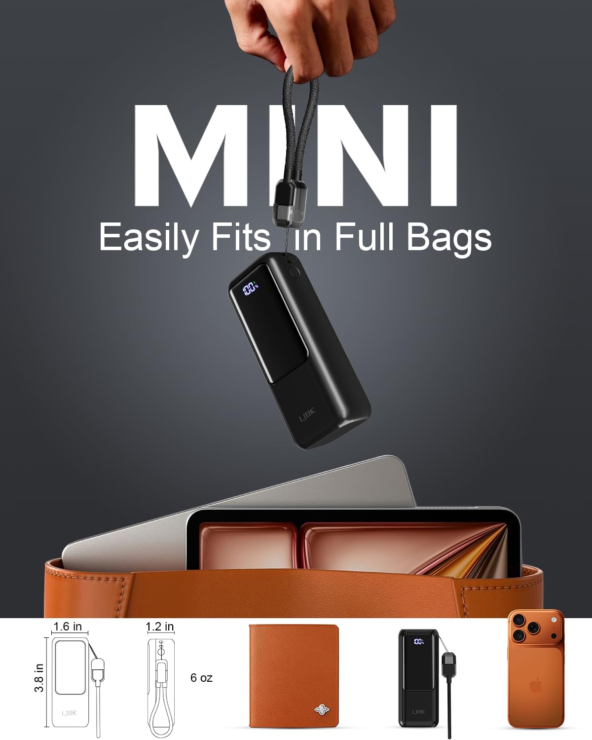 Mini cargador portátil, tamaño de bolsillo de 10000 mAh, 22,5 W, cargador de carga rápida, cable USB C desmontable integrado, paquete de batería ultra pequeño, cargador de viaje para iPhone 17/16/15