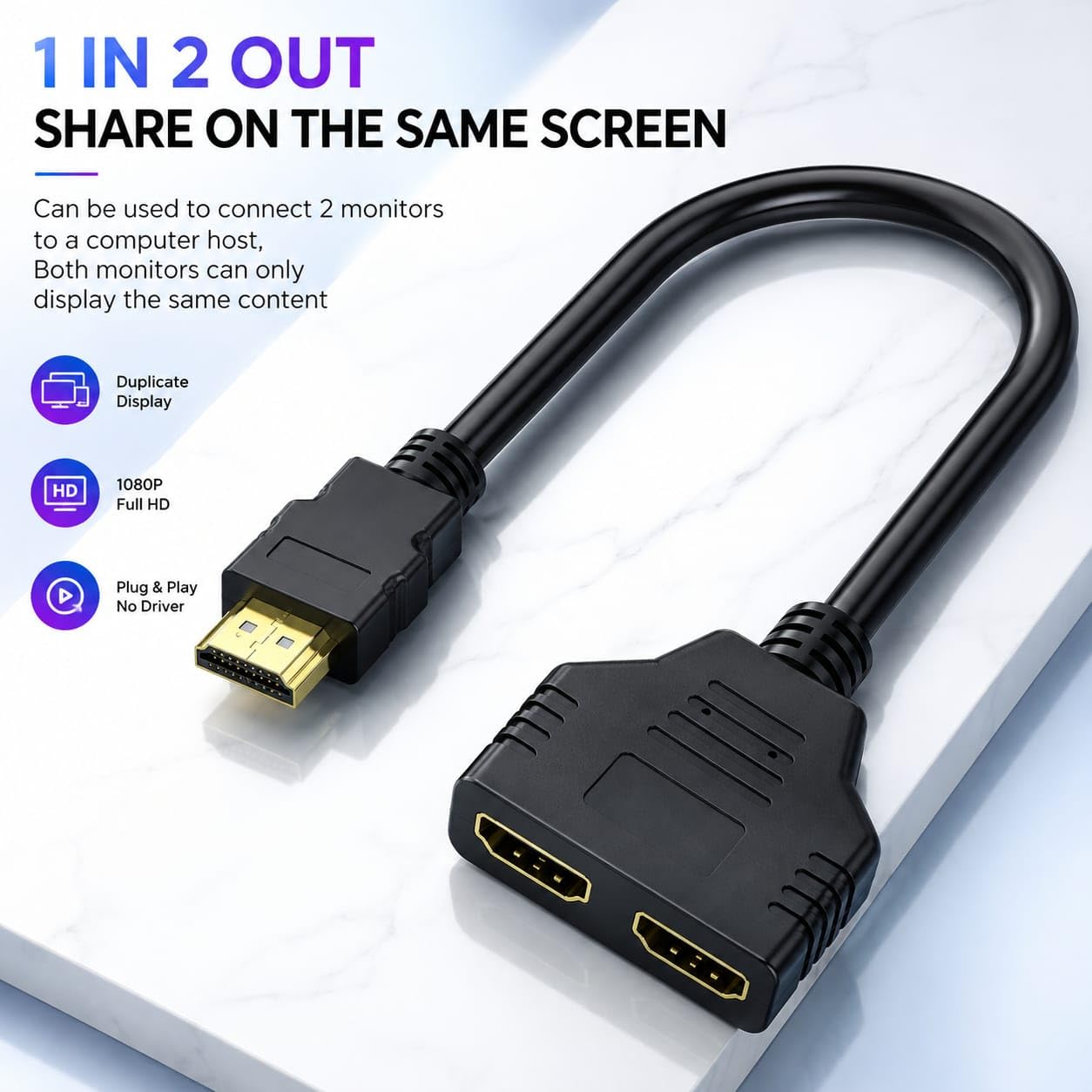 FORIDA HDMI Y Splitter Cable 1 in 2 Out, 4K 1080P 3D HDTV Dual Port Adapter, 1 Male to 2 Female HDMI Converter Splitter for TV Monitor Laptop PS3 PS4 PC VR Display [ Mirror Display Only ] — Amazon image 7