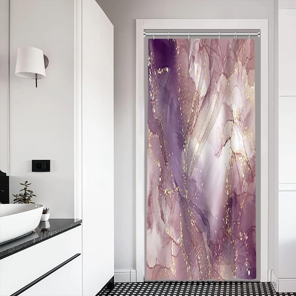 Cortina de Ducha de Mármol Cortina de Baño Salpicadura de Oro Violeta Morado Blanco Salpicadura de Oro Cortina de Ducha Mármol Colorido Tejido Impermeable Lavable a máquina 90x180cm