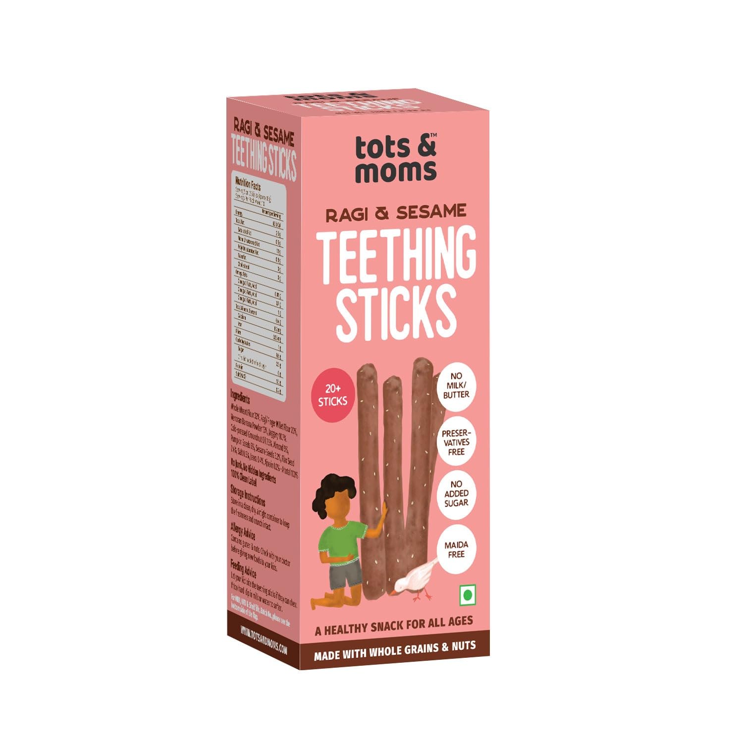 Tots and Moms Ragi, Banana, Sesame Teething Sticks Made with Jaggery for Kids, 12Months+, 150g | No Maida, No Sugar, No Preservatives | Nutritious Finger Food for Kids
