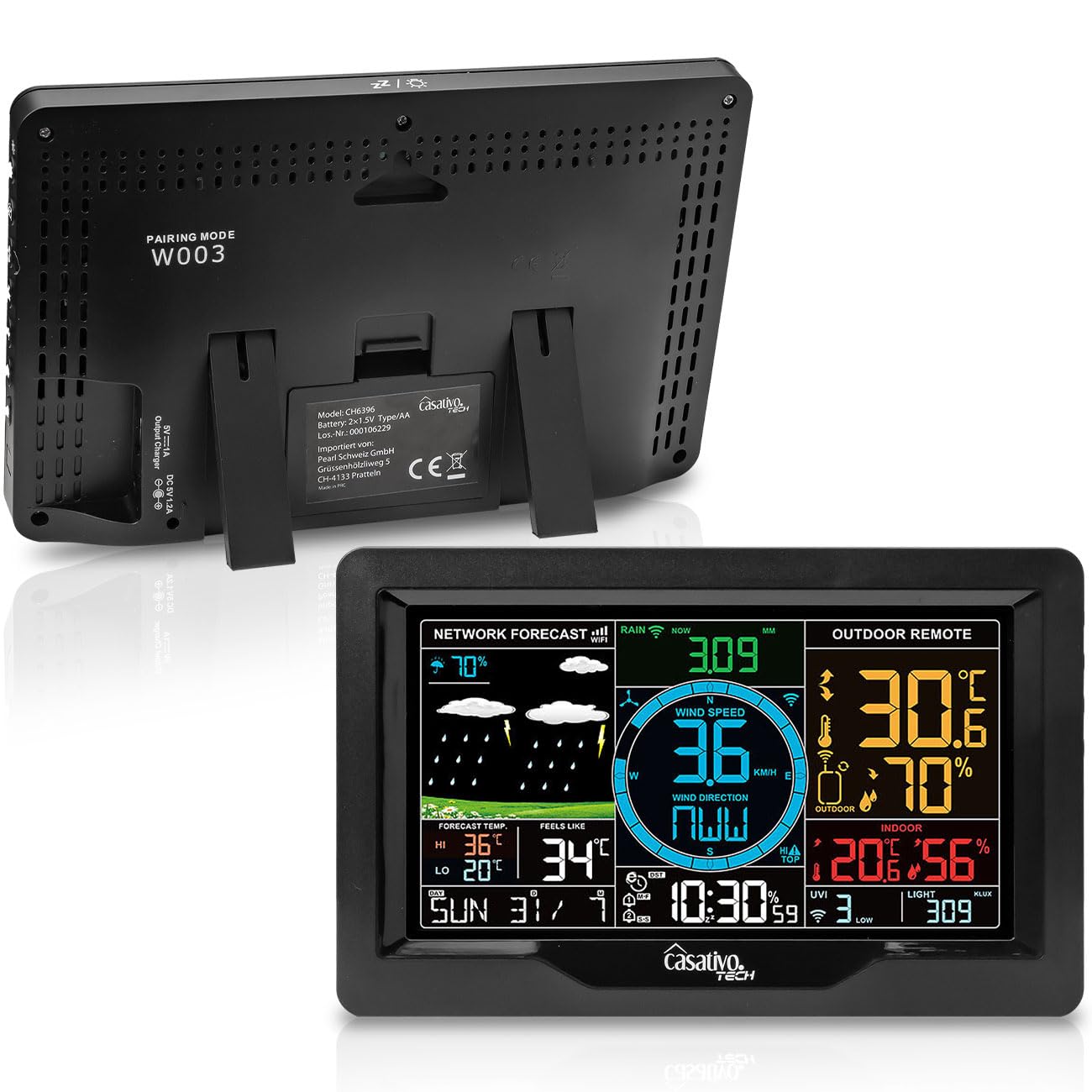 Premium WLAN Wetterstation m. XL-Farbdisplay, Aussensensor, App-Daten, Messung von Temperatur, Regenmenge, Windgeschwindigkeit u. Richtung, Luftdruck