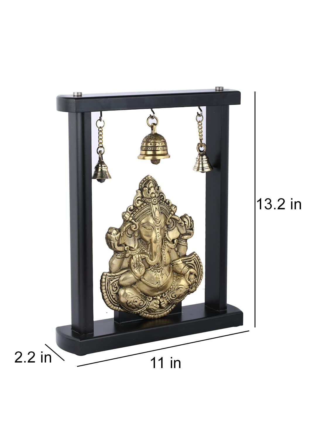 CraftVatika Idolo di Ganesha in ottone su base in legno con campanelle appese per decorazione domestica, (27,9 x 5,6 x 33,2 cm)