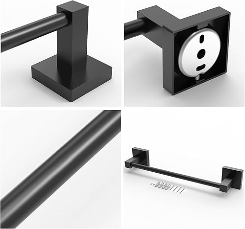 Miniatura 5 de Toallero de mano, toallero, anillo negro, 12 pulgadas, cuadrado, negro mate, acero inoxidable y aleación de zinc, moderno montado en la pared