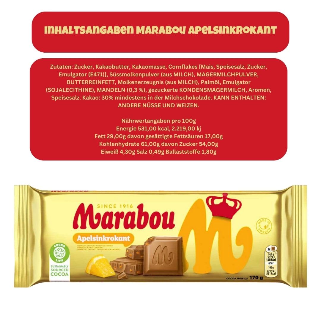 Marabou Apelsinkrokant 10×170 g (1,7 kg) | Schwedische Milchschokolade mit Orangen-Krokant | XXL-Vorrat | Tafelschokolade | Cremig & knusprig | Ideal für Party, Büro & Geschenke