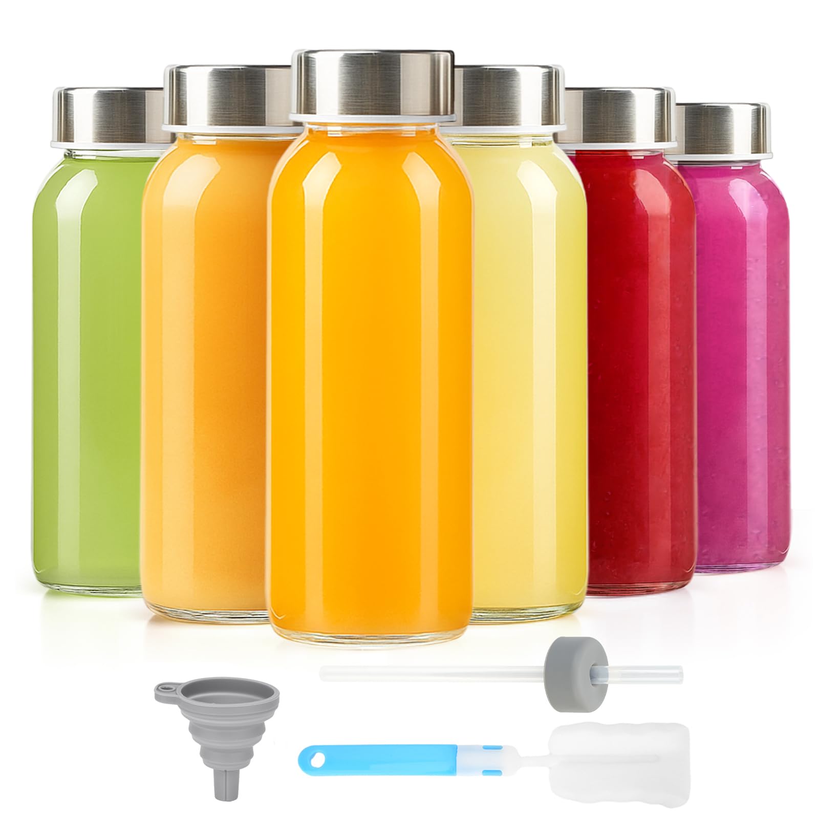 Zukro 10 oz Small Glass Juice Bottles with Stainless Steel Lid, 6 Pack