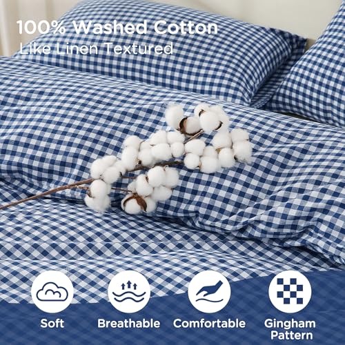 Image of TOCOMOA Navy Blue Gingham Duvet Cover Bedding Set 100% Washed Cotton Like Linen Feel Super Soft Comfy 3 Piece Dark Blue Plaid Checkered Comforter Cover Set (King 104 inchx90 inch, Comforter Not Included)