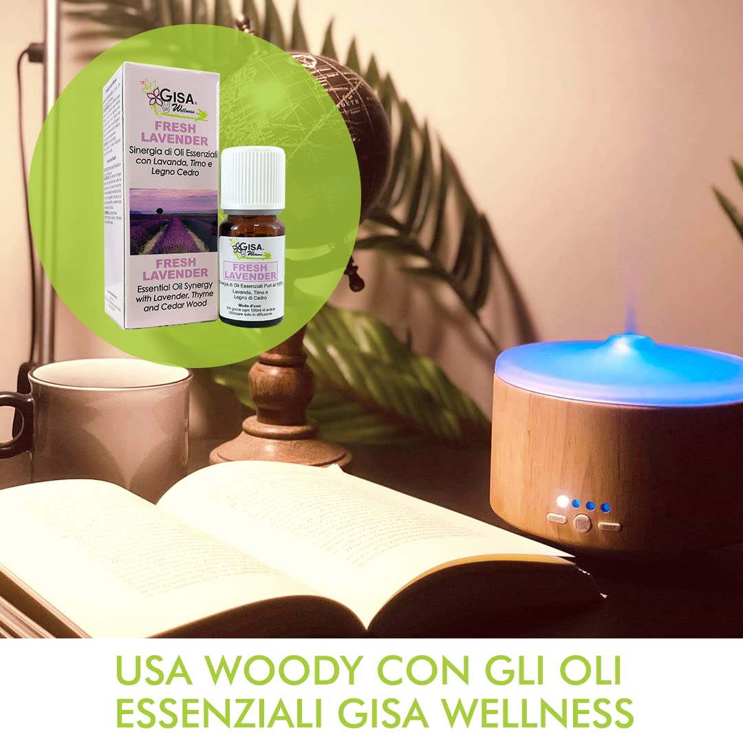 Gisa Wellness - WOODY - Diffusore di Aromi ed Oli Essenziali ad Ultrasuoni - 250ml - Aromaterapia e Cromoterapia - Vetro e Legno - Timer, Durata 6h - Relax