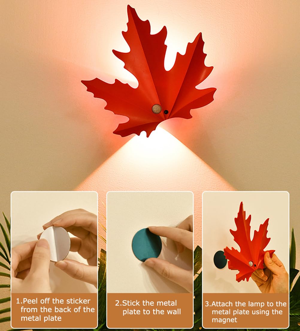 LED Nachtlicht mit Bewegungsmelder Akku Innen Wandlampe Kabellos Ahornblätter Design, 3000K Fernbedienung Dimmbar 3 Modi Wandleuchte Ohne Stromanschluss, USB Aufladbar Magnetisch Treppenlicht,2pack