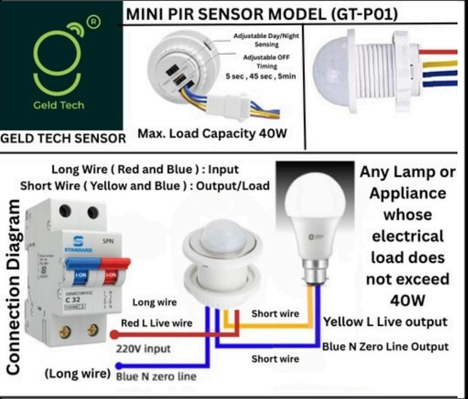Geld Tech(GT-P01), Mini PIR Sensor, Mini Motion Sensor Light Switch, Auto On/Off 3
