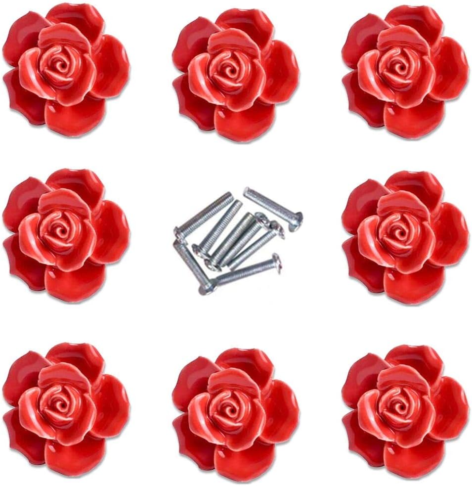 DLD Handle Knobs, Elegant Pink Rose Pulls Flower Ceramic Cabinet Knobs Cupboard Drawer Pull Handles + Screw Furniture Handle knob Ornament(8 Pieces) (Red)