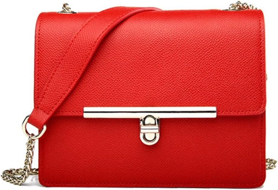 Fashion Women Genuine Leather Crossbody Handbag Gold Chain Metal Strap Purse (Red)