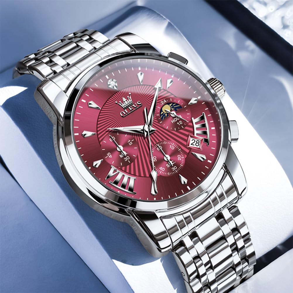 OLEVS Watches for Men Dress Watch Chronograph Luxury Stainless Steel Big Face Men Watches Multi-Function Easy to Read Diamond Roman Numerals Business Wristwatch Reloj para Hombre