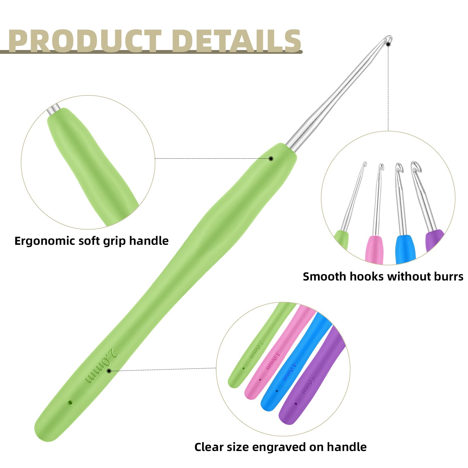 Set De 4 Agujas De Crochet Ergonómicas - Mangos De Silicona, Tamaños 2.5 A 5.5 Mm, Incluye 10 Alfileres