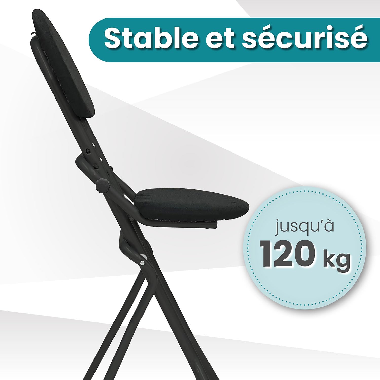 ELONEO Chaise Pliante Rembourrée - Tabouret Pliant Antidérapant, Ergonomique pour Le Dos, Siège Compact, Réglable sur 3 Hauteurs (58-65 cm), Charge Max 120 kg, 45x98x47 cm (Noir)