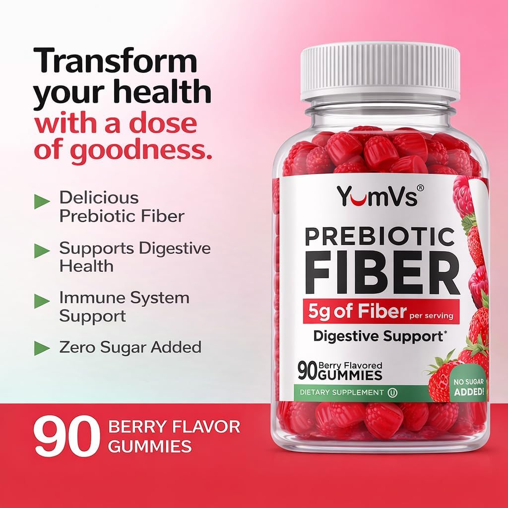 Yum-Vs - Prebiotic Fiber Gummies for Adults & Kids - 5g Digestive Aid Gummy Fiber Supplement - Keto Friendly Prebiotic Daily Fiber Supplement for Women & Men - No Sugar Added Dietary Fiber (90 Count)