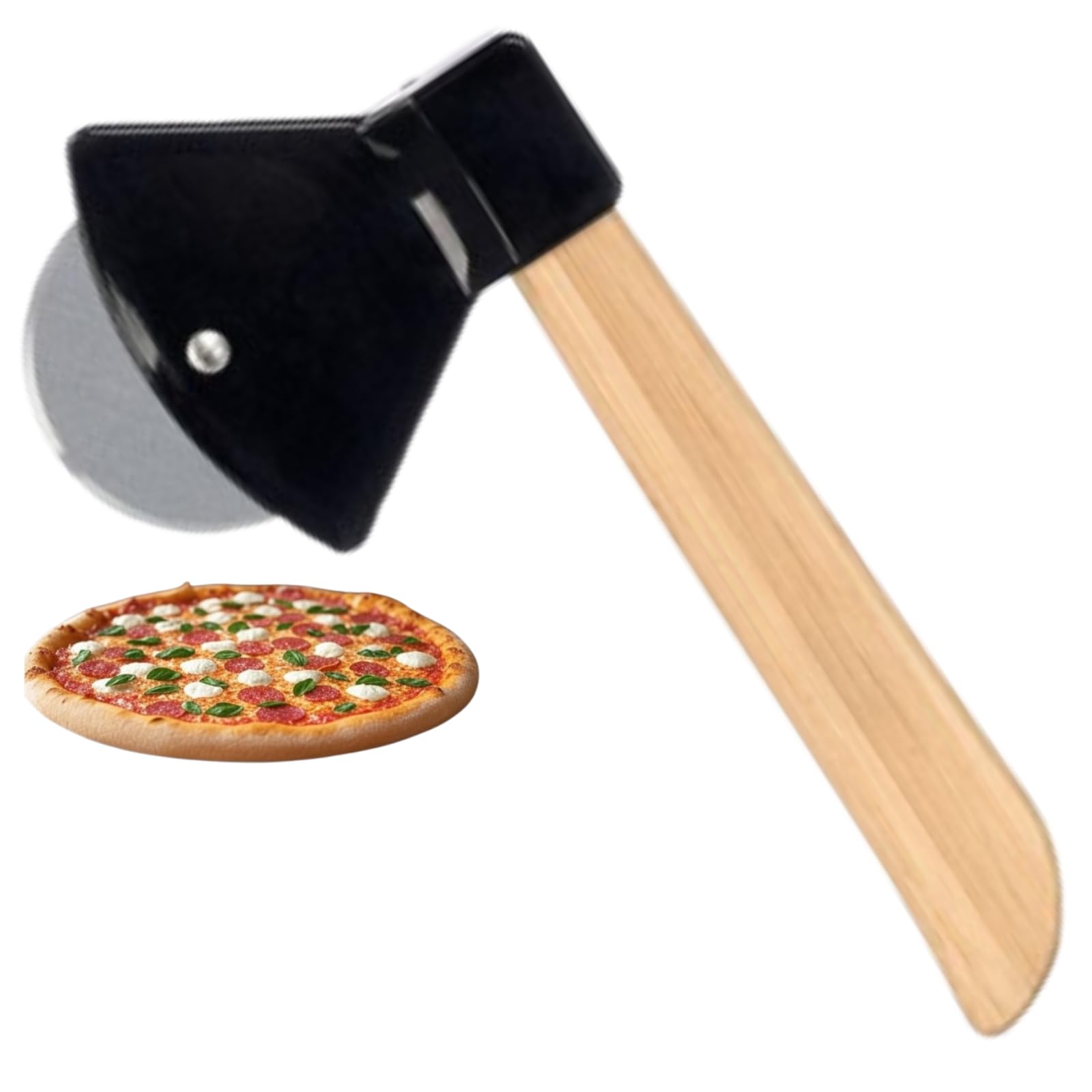 Pizza Cutter in Axe Shape - Fun and Original - Wooden Handle - Ideal for Home, Meetings and Original Gifts (Black)