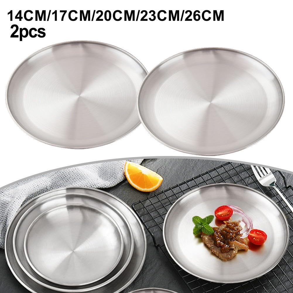 2 piatti rotondi in acciaio inox per campeggio e cucina, perfetti per i pasti (30 x 1,6 cm)