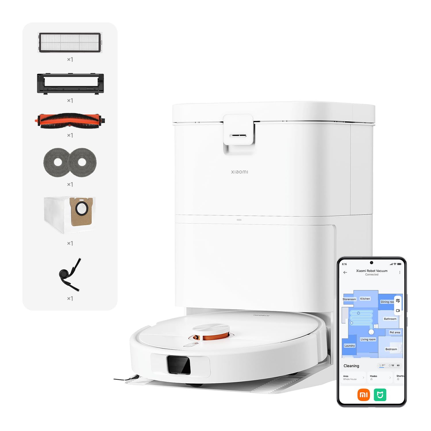 XIAOMI H50 Robot Vacuum with Mop Function and Lifting Mop, 10,000 Pa Suction Power, Dual Anti-Tangle System, Self-Cleaning Mop and Station, Automatic Emptying, LDS Navigation, App and Voice Control