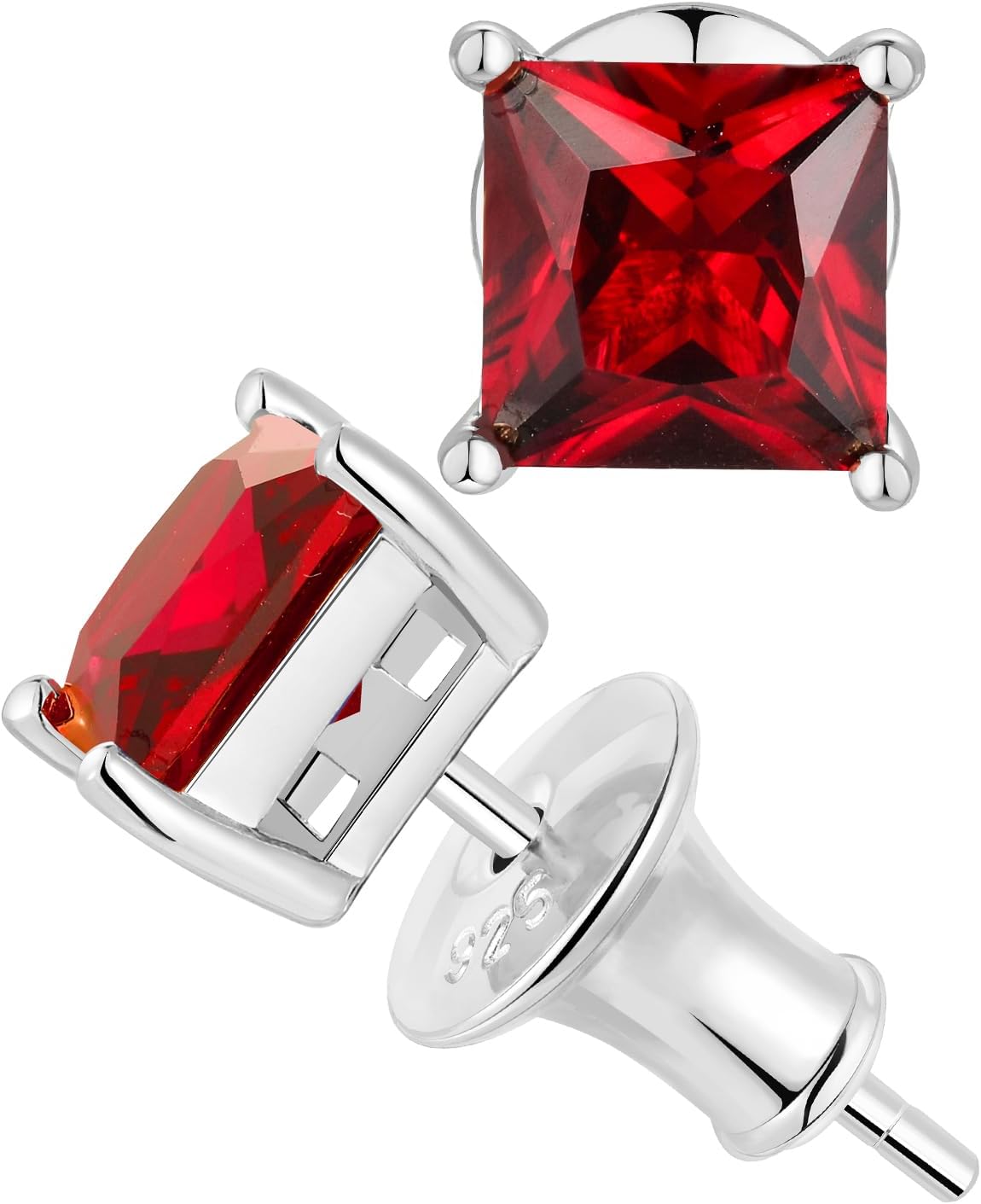 Square Emerald/Moissanite/Ruby/Sapphire Stud Earrings Solid 925 Sterling Silver Yellow Gold Plated 5.5mm Princess Cut Earring Hypoallergenic Jewelry for Sensitive Ears