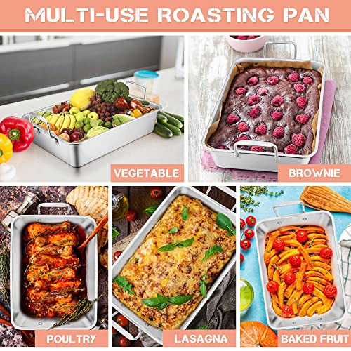 Leonyo Roasting Pan With V-Shaped Rack, Stainless Steel Rectangular 16” Turkey Roaster Pan With Handles For Chicken Lasagna Vegetables Brownie, Non-Stick Roasting Rack, Heavy Duty Dishwasher Safe #TOP4
