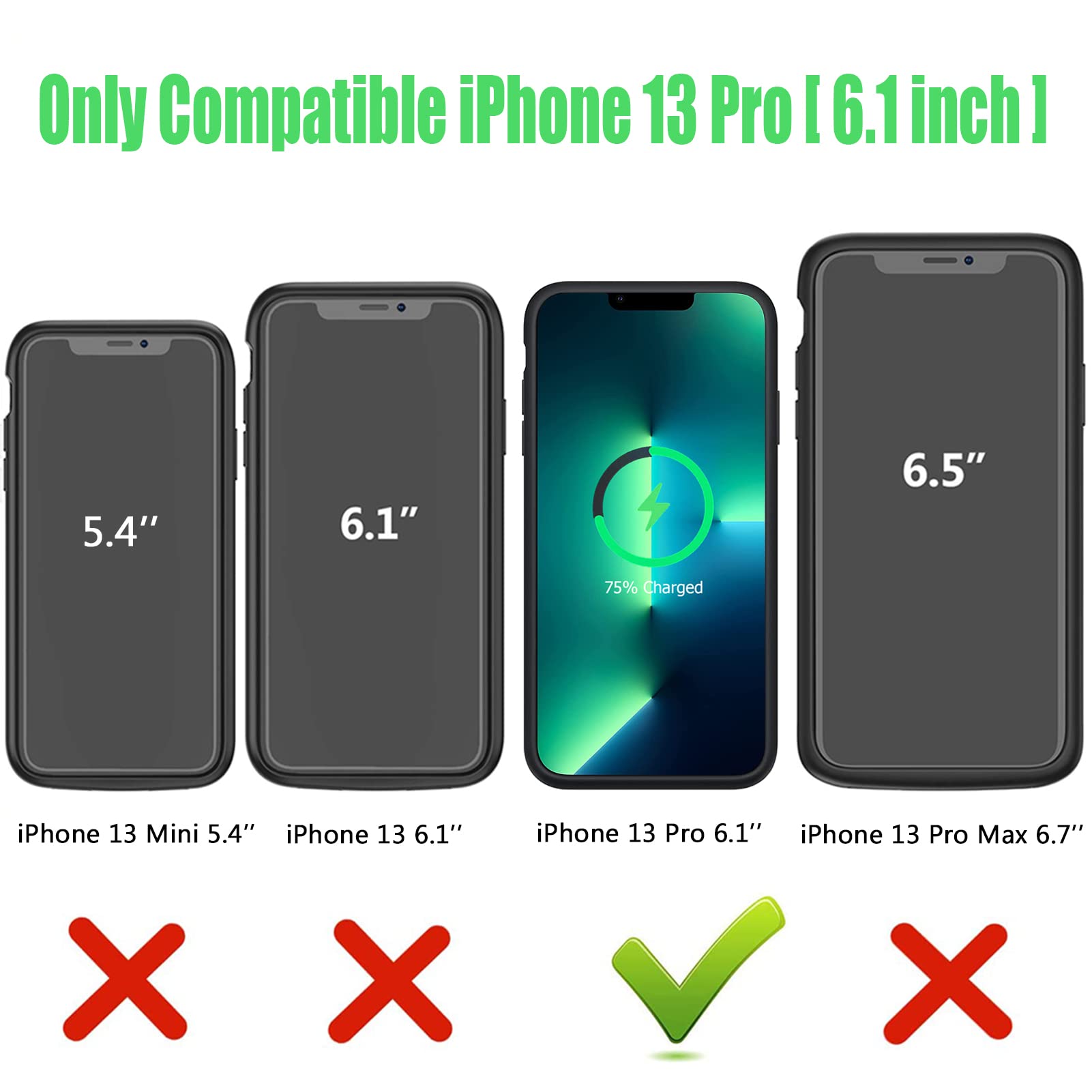 JBUBN Wireless Charging Case for iPhone 13 Pro, 10000mAh Battery, Black, Rubber & Polycarbonate, Matte Finish, Sync-through Technology, Wireless Charging Compatible, Battery Case