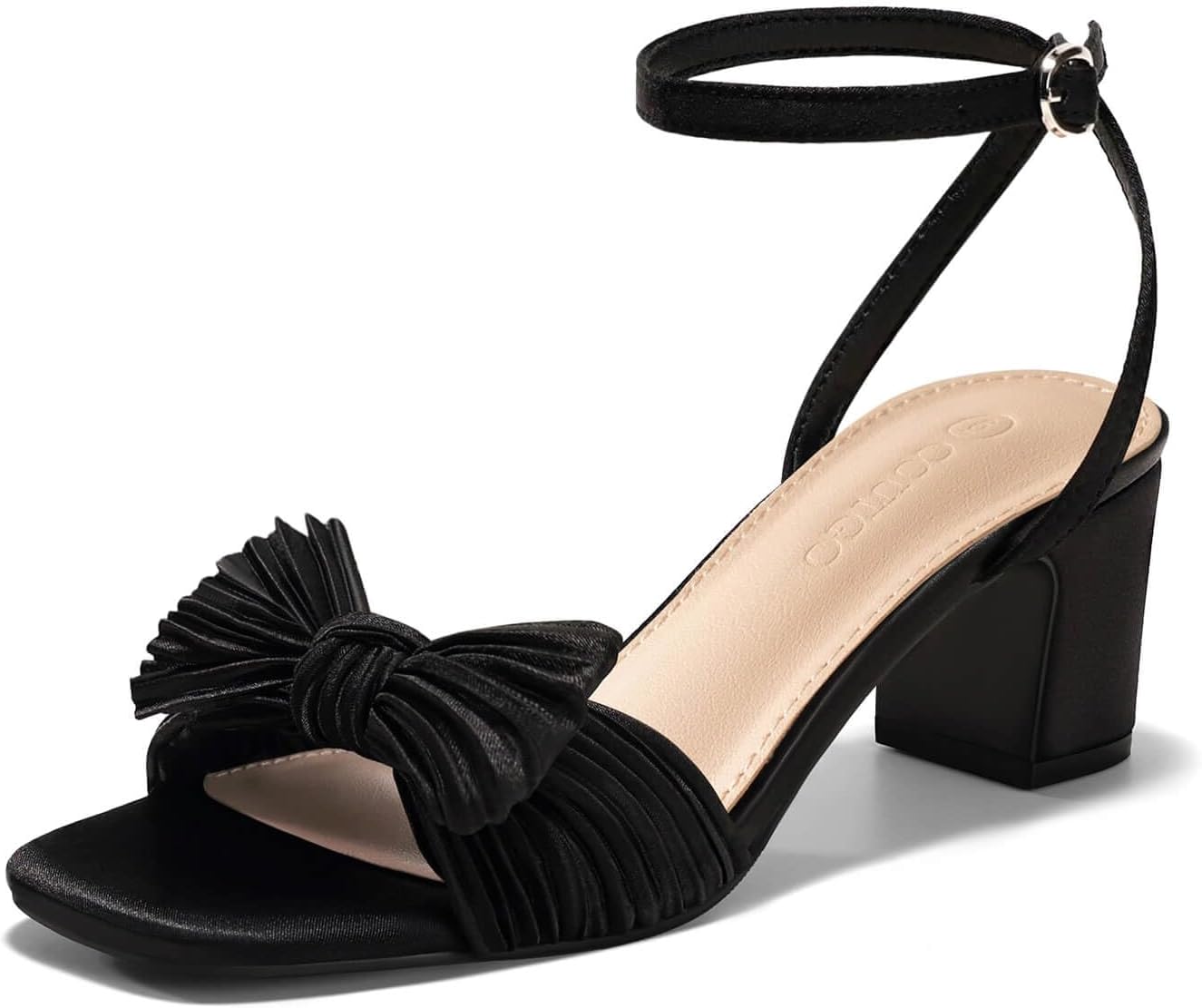 Coutgo Womens Bow Heels Sandals Block Low Heel Wedding Bride Dressy Shoes Open Toe Ankle Strap Sandals
