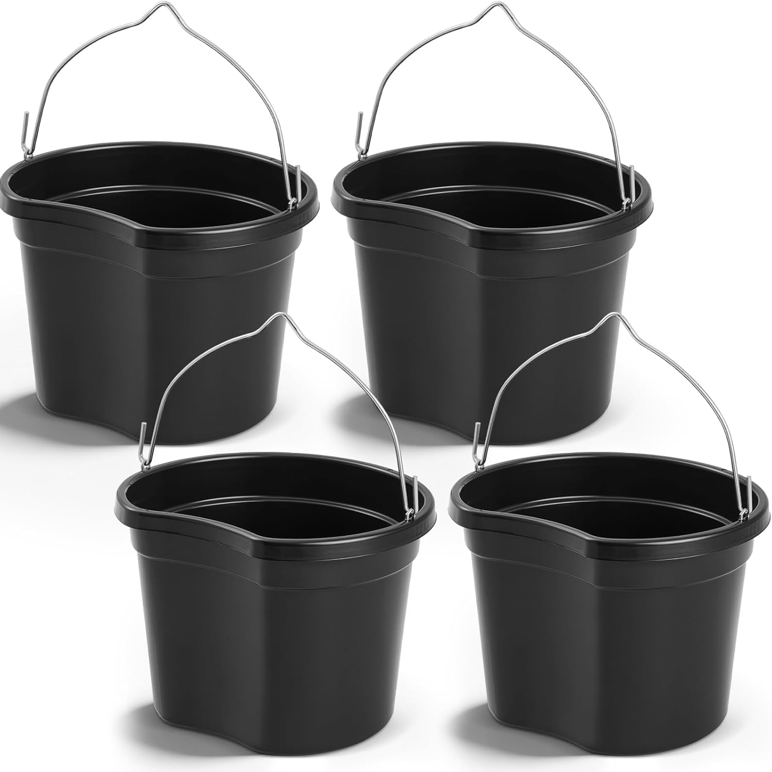 Marsui 4 Pcs Plastic Animal Feed Bucket with Hook, 8 Quart /2 Gallon Large Horse Bucket, Utility Horse Stall Feeding and Watering Supplies, for Dog Goat Pig Cow, Black