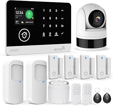 Sistema di Sicurezza Domestico con Telecamera, Sistema di Allarme WiFi/GSM SMS con Rilevatore di Movimento, Sirena di Allarme da 120dB, Telecomando Intelligente, Compatibile con Alexa(13 Pezzi)