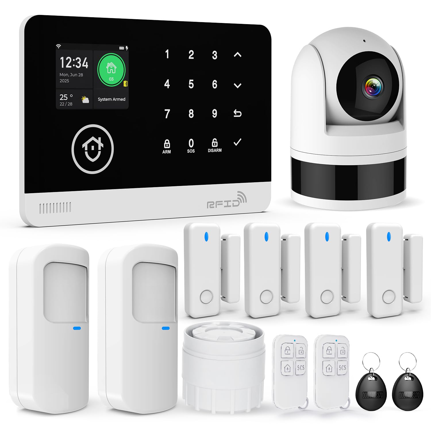 Sistema de Seguridad Doméstico con Cámara, Sistema de Alarma WiFi/gsm SMS con Detector de Movimiento, Sirena de Alarma de 120dB, Mando a Distancia Inteligente, Compatible con Alexa(13 Piezas)