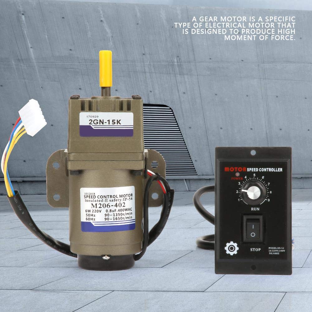 Motor de Engranajes de CA, 220V 6W Motor Asíncrono M206-402 Monofásico 4 Polos Desaceleración Velocidad del Motor Ajustable 90-1650 rpm Velocidad con Regulador(15K)