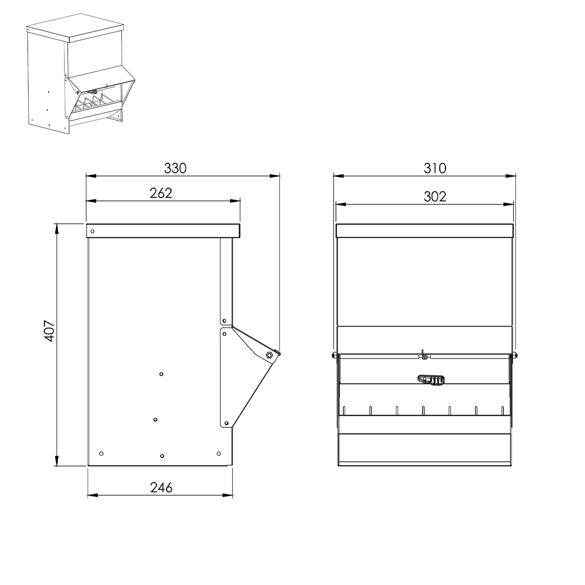 Tolva para Aves de Corral - Chapa Imitación Madera, Muy Estética en tu Aviario - Comedero para Gallinas Capacidad 20L - con Visera Antilluvia para Proteger el Pienso