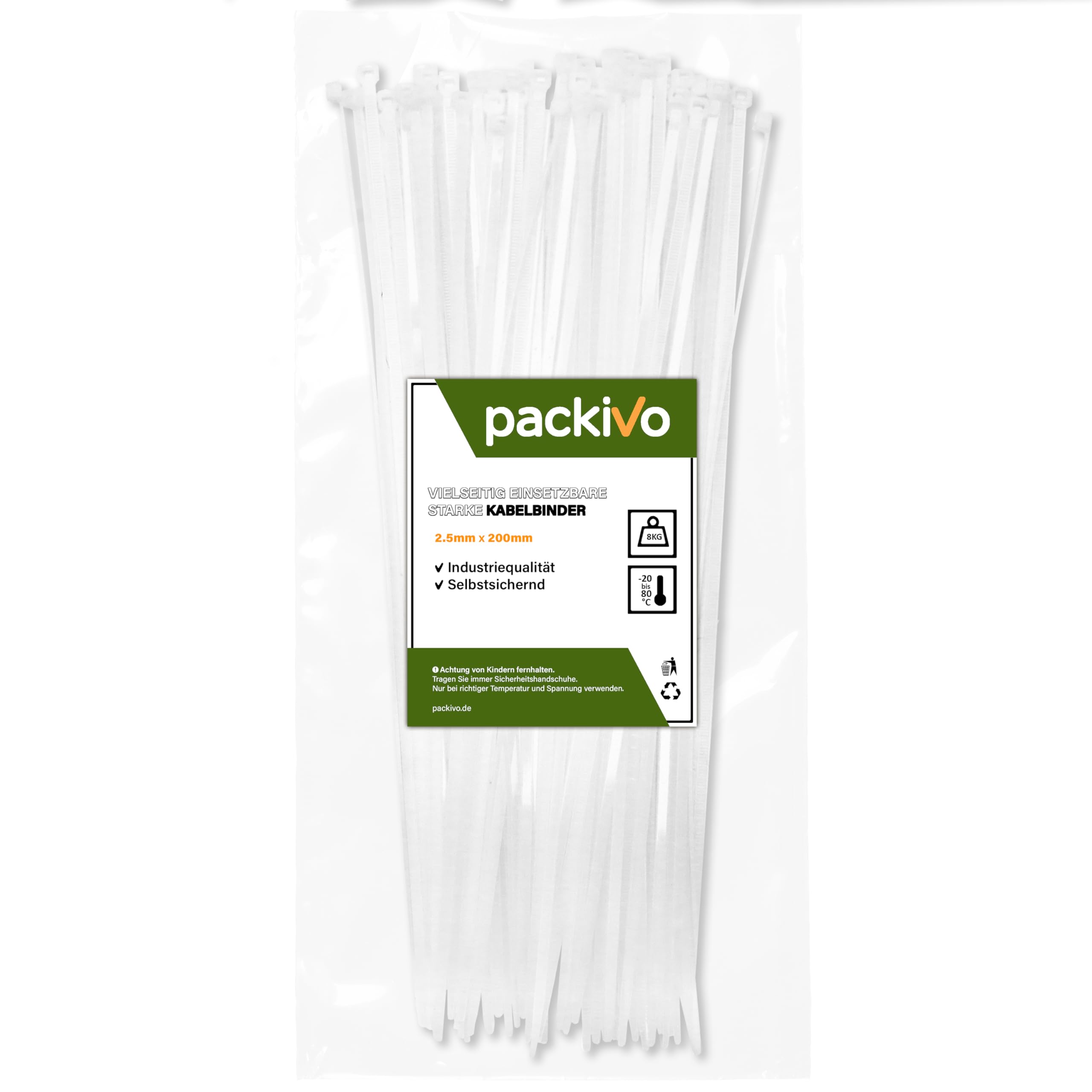 PACKIVO Professional Cable Ties 2.5 x 200 mm, Pack of 100 White Cable Ties, Industrial Quality, Tensile Strength up to 8 kg