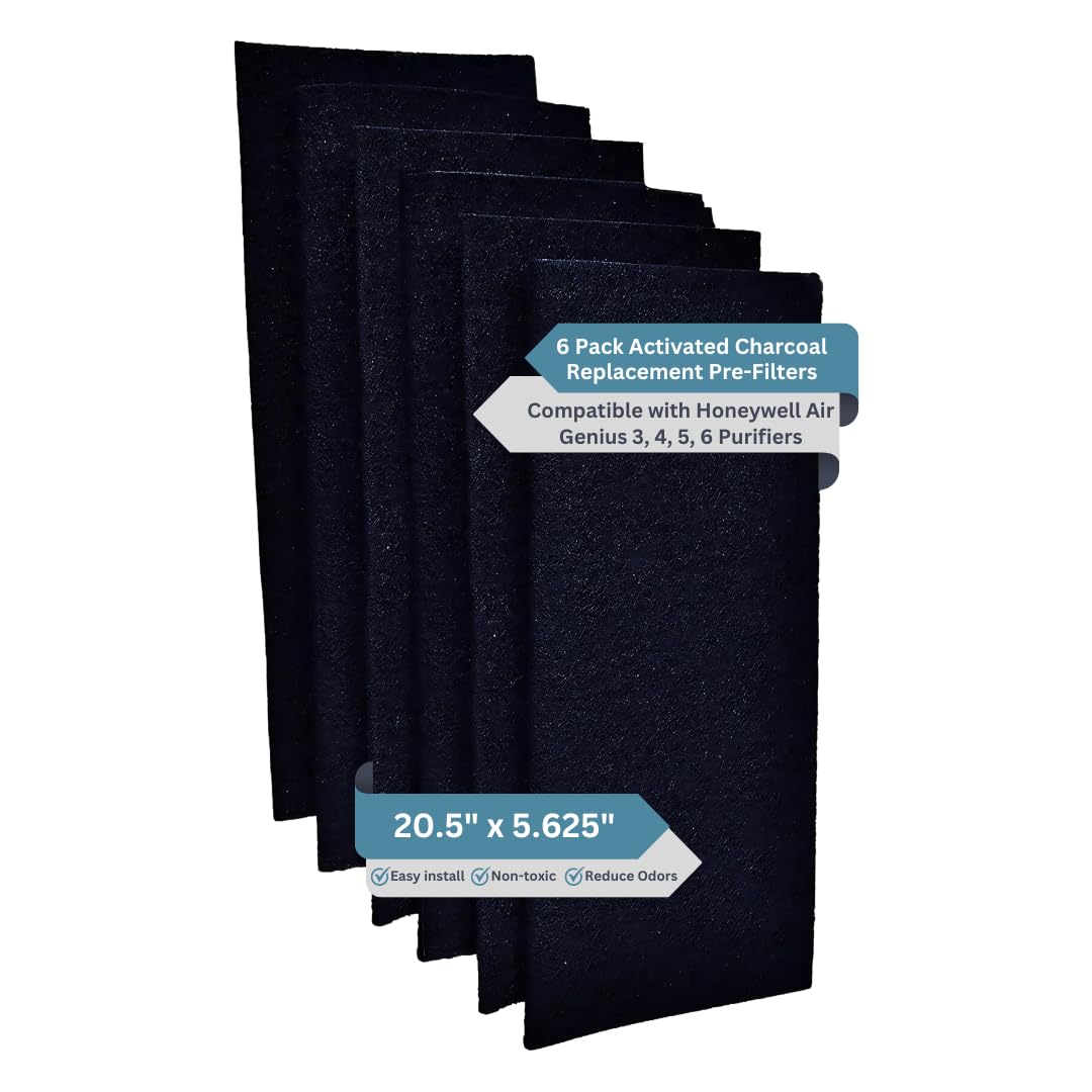 6-Pack Activated Carbon Air Filter - Premium 20.5" x 5.625" Air Purifier Pre Filter - Compatible with Honeywell Genius 3/4/5/6 Purifiers (HFD‑3X & 360 Series) - Odor & VOC Reduction