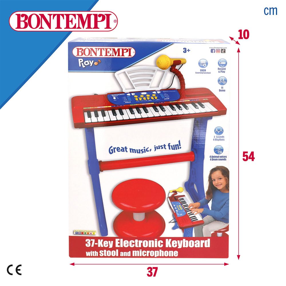 Bontempi Piano Infantil 37 Teclas con Taburete, micrófono y Atril, 4 Sonidos, 4 ritmos, 11 melodías, Función Aprendizaje Okon, Conexión USB-C o 4 Pilas AA (N/I), Juguete Musical, +3 años (47907)